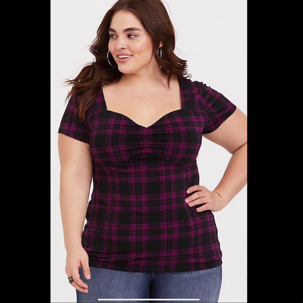 Torrid Purple Plaid Shirred Studio Knit Top Size 3